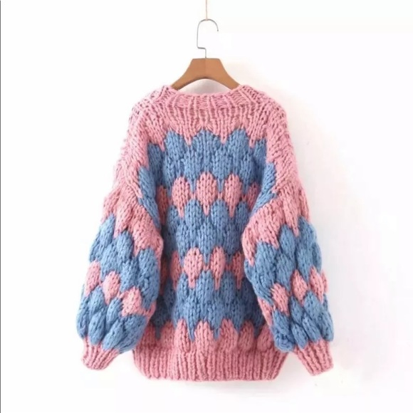 Cardigan sweater boho knit puff sleeve thick Pink - Picture 2 of 3